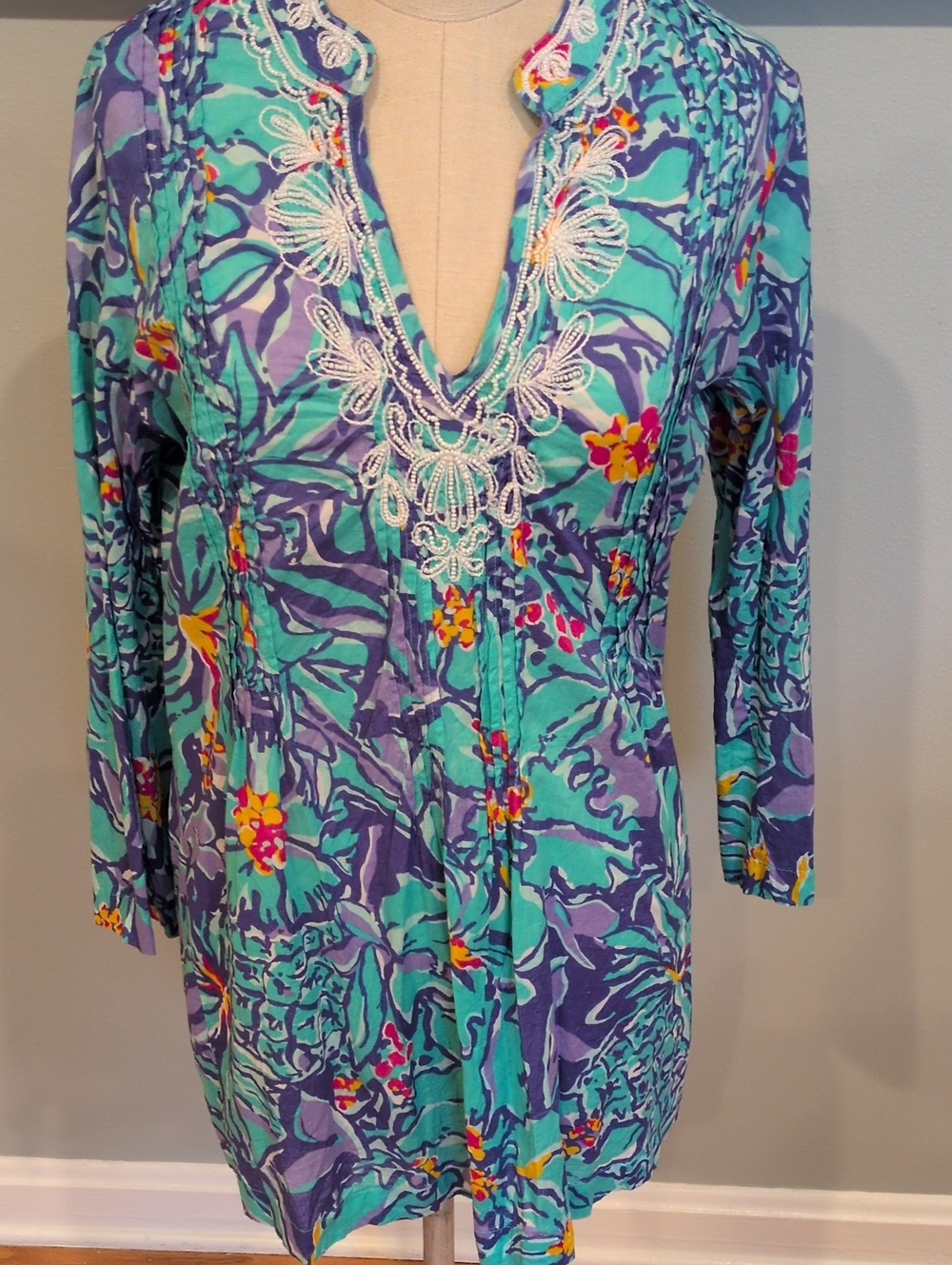 Lilly Pulitzer Beaded Blue Iris Mai Tai Kaftan Tunic